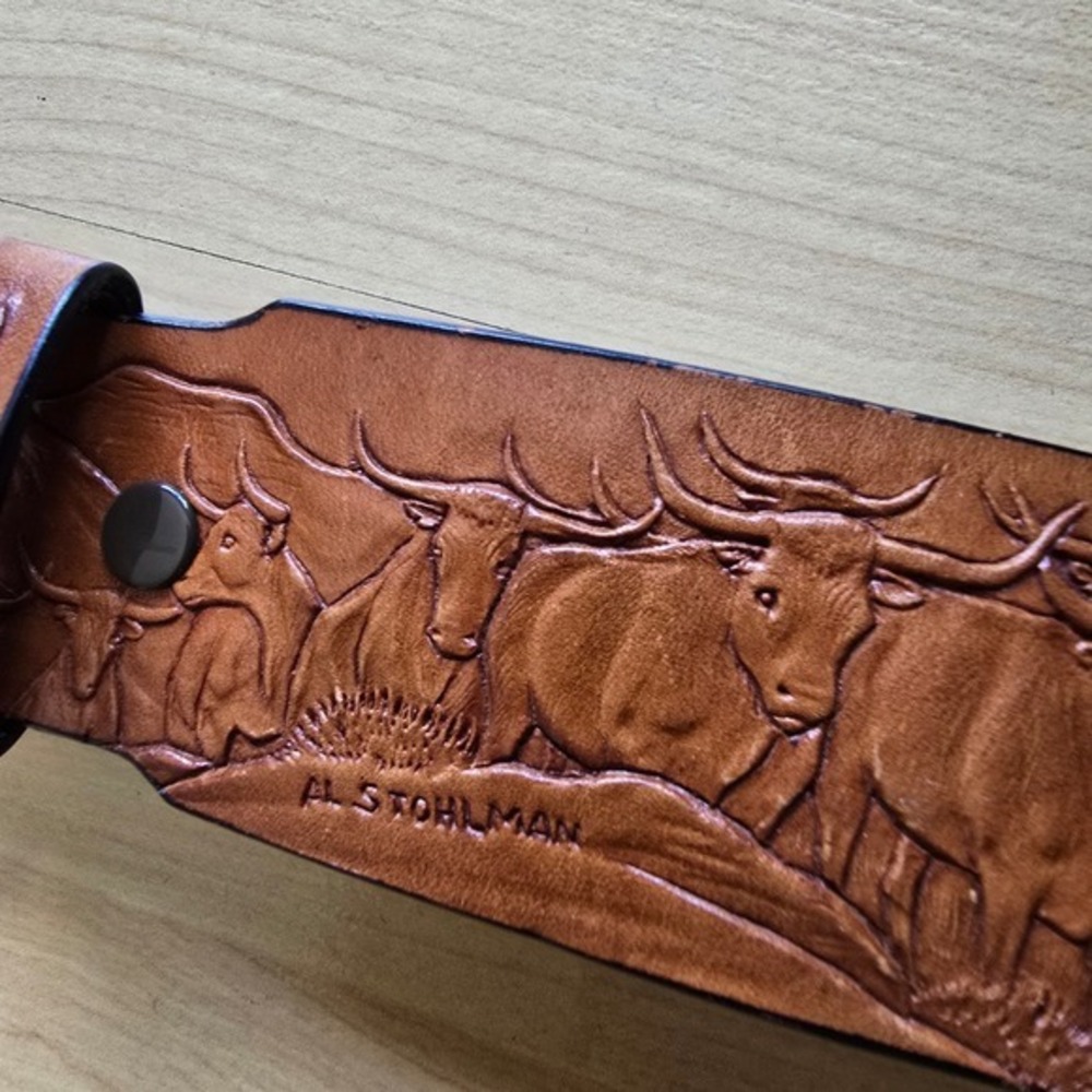 Al Stohlman Belt Brown Leather Embossed Western Longhorn Belt 32 - Picture 12 of 16
